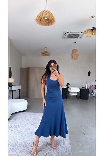 Buket Teke Indigo Asymmetrical Cotton Halter Dress