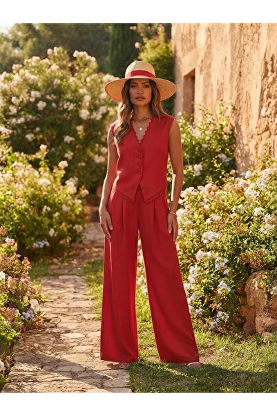 solena sln Women's V-Neck Lace Detailed Vest and Trousers Two-Piece Set - Ves...
