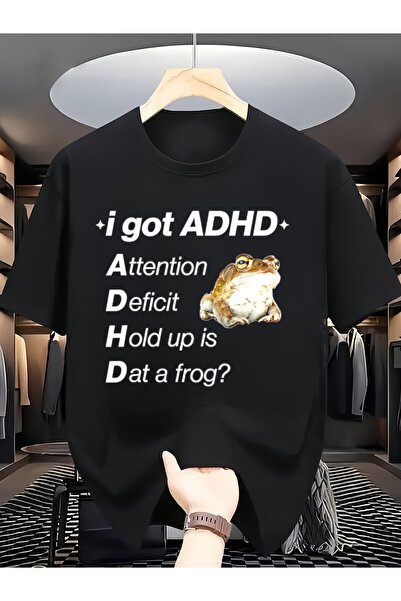 STITCHLY Men's Frog ADHD Funny Slogan Black Graphic Tee Crew Neck Short Sleev...