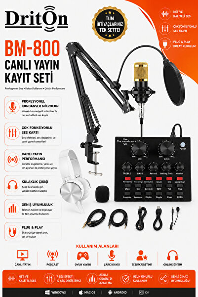 DRİTON BM-800 + V8 SES KARTI SARI PODCAST TİKTOK YOUTUBE YAYINCI CONDENSER Mİ...