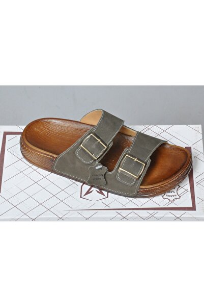 Korvexslippers Korvex Hakiki Deri Erkek Çift Tokalı Anatomik Terlik Ahşap Des...