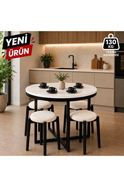 EDMONDA EV AKSESUAR ATLAS YUVARLAK 90 CM PUFLU 4 KİŞİLİK MASA TAKIMI BALKON M...