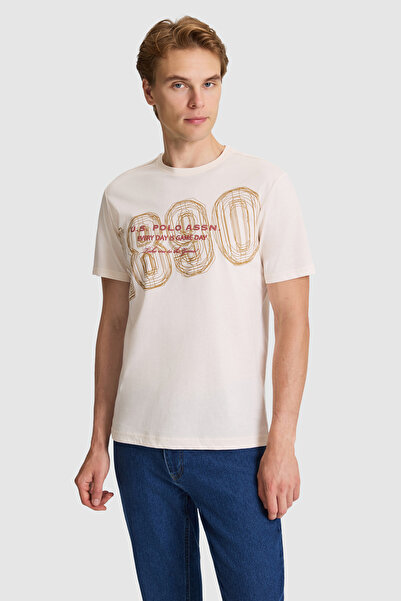 U.S. Polo Assn. Ανδρικό μπλουζάκι κρεμ χρώματος με κανονική εφαρμογή και λαιμ...