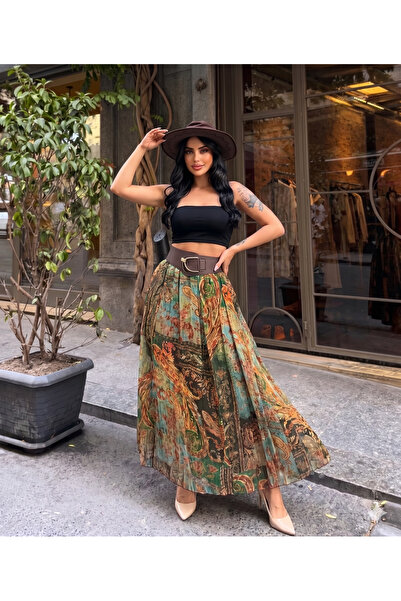 Salvi Women's Bohemian Ethnic Patterned Chiffon Long Maxi Skirt with Belt