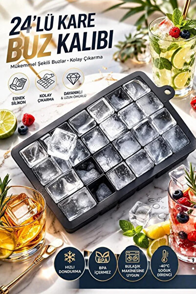 TUMU LIFE Pratik 24'lü Sililkon Kare Buz Kalıbı | 24 Adet Silikon Kare Buz Ka...