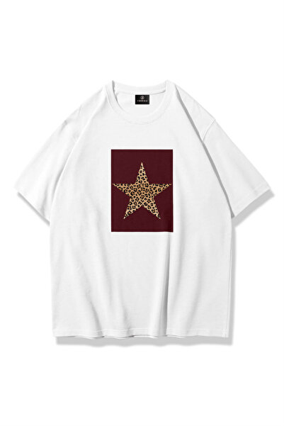 Cupla Tricou de damă cu ramă Bordeaux cu imprimeu Leopard Star, alb
