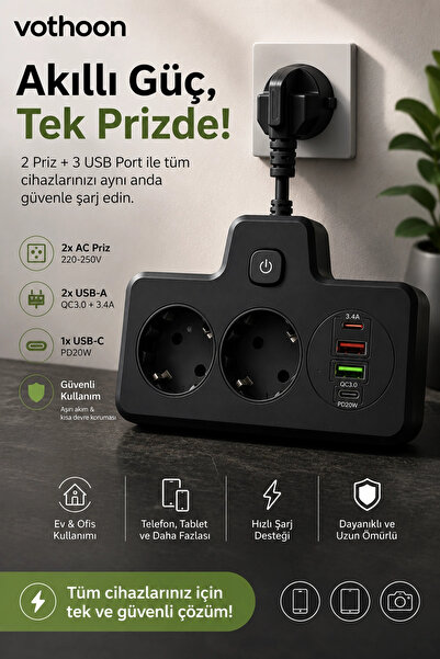Vothoon Bkl-502 Akım Korumalı 2Li Priz 2 USB ve 2 Type-C Çıkış 4000W Hızlı Şa...