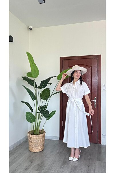 modadagiyim Short Sleeve Buttoned Belted Maxi Length Shirt Collar Very Stylis...