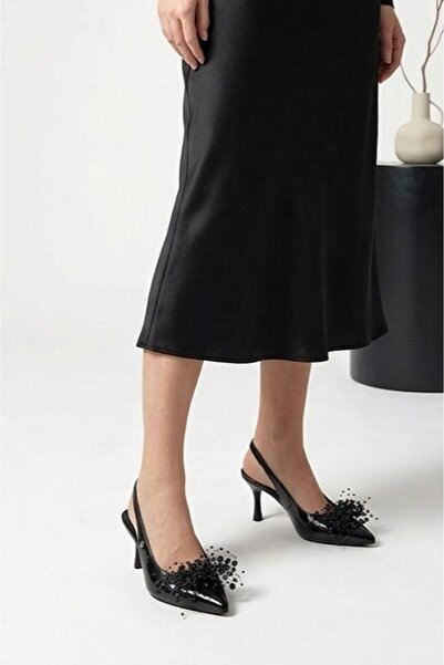 Gökhan Talay Black Beads Flexible Soft Non-Slip Sole (8 cm) Black Patent Leat...