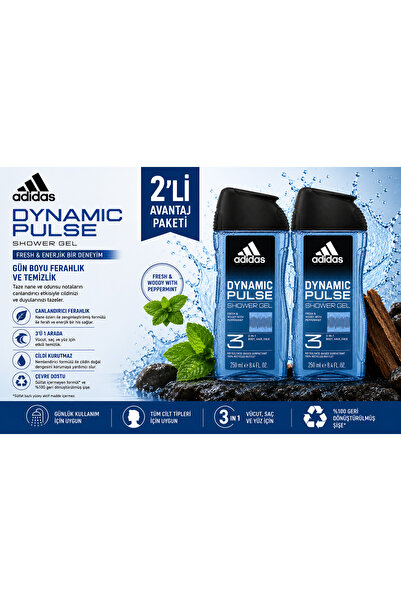 adidas Dynamic Pulse 3'ü 1 Arada Duş Jeli 250 ml - Vücut, Saç ve Yüz X 2 Adet