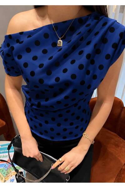 MAESTRO WOMAN Women's Saks Blue Polka Dot Draped Satin Blouse