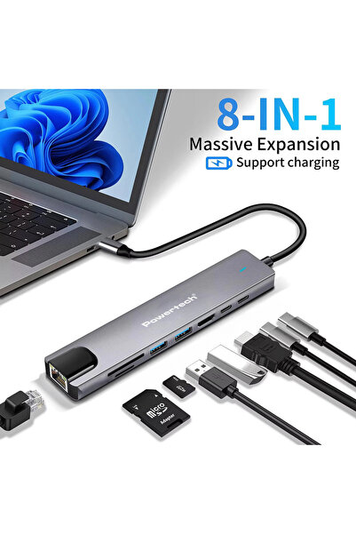 POWERTECH docking station PT-1537, 8 θυρών, USB-C σύνδεση, 100W PD, 1000Mbps,...