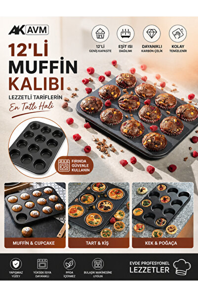 Ak Avm 12'li Muffin Kalıbı Yapışmaz Karbon Çelik Cupcake Kek Fırın Tepsisi
