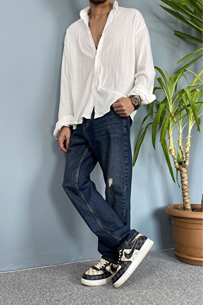 Alışveriş Sokağı Baggy Fit Navy Blue Denim Jeans - Jeans with Ripped Detail