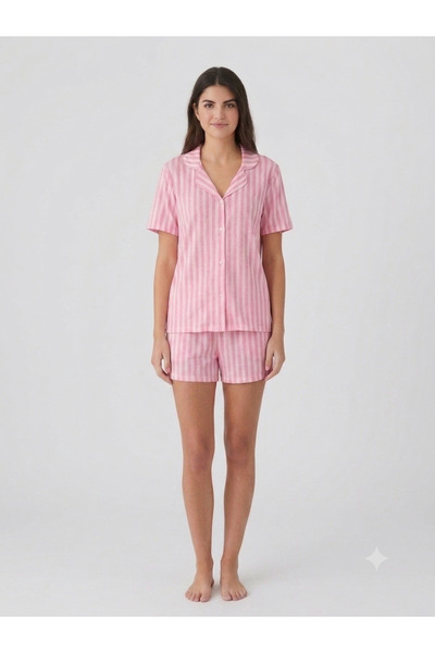 MORKUTU Pembe Çizgili Gömlek Yaka Şortlu Pijama Takımı
