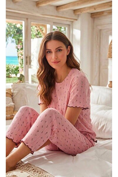 İpek Women's Short Sleeve Crew Neck Red Tulip Pattern Ribbed 100% Cotton Paja...