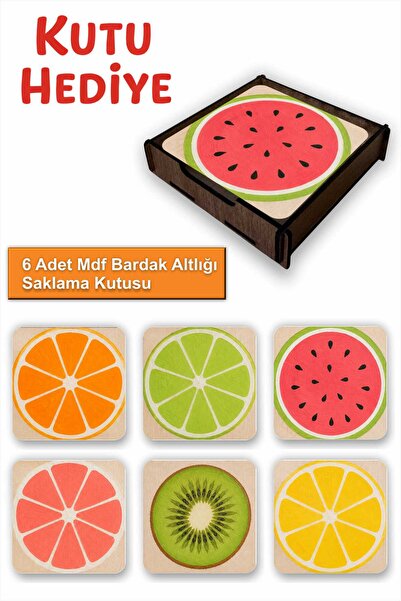 UNT Fruit Cutout Patterned Set of 6 Mdf Coasters – with Wooden Storage Box 9X...