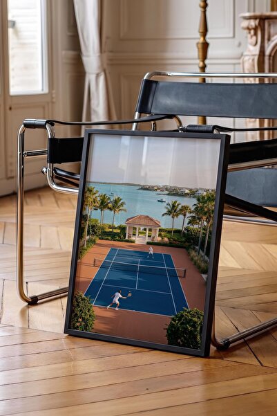 Postifull Tennis Court and Sea View Poster, Black Framed Poster, Old Money Se...
