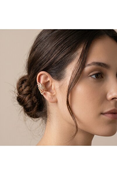 Zirkon Taşlı Yaprak Model Gold Kaplama Kıkırdak Küpe (Earcuff)