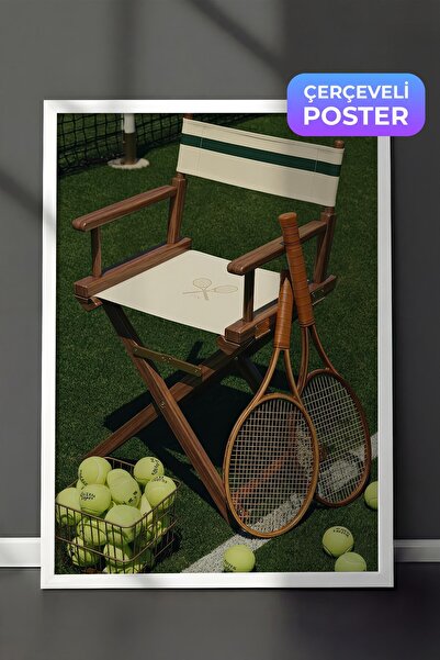Postifull Tenis Raketi ve Sandalye Posteri, Beyaz Çerçeveli Poster, Old Money...