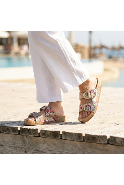 Letafia Valley Ethnic Pattern Double Buckle Cork Coated Glitter Comfort Slippers