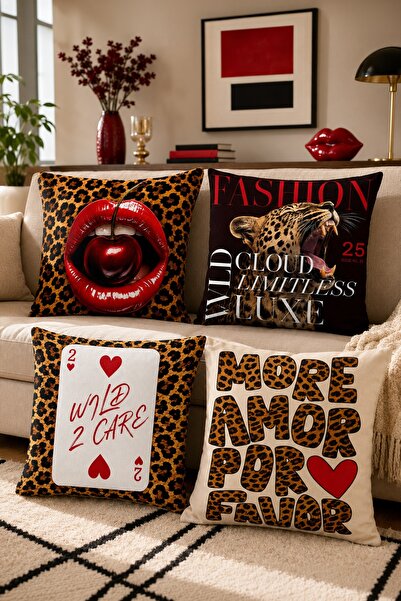 EVPANYA Fashion Leopar Desenli 4'Lü Kırlent Kılıfı Seti