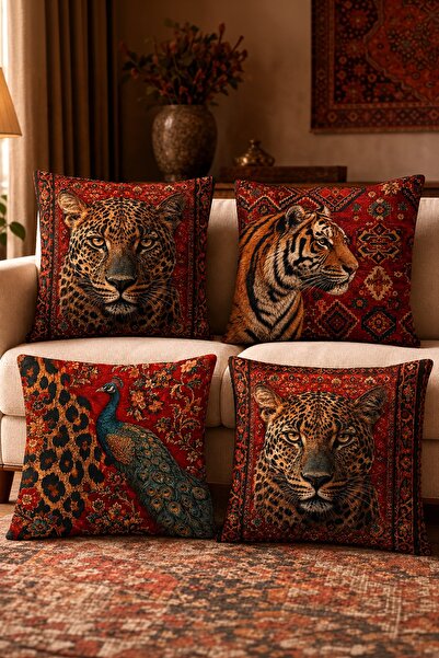 EVPANYA Kilim Üzeri Hayvanlar Desenli 4'Lü Kırlent Kılıfı Seti