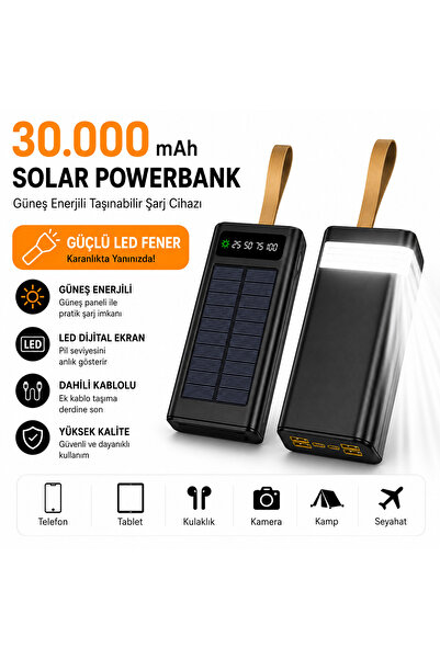 Moxti 30000mAh Güneş Enerjili Powerbank | PD 22.5W Şarj | Dahili Type-C & Lig...