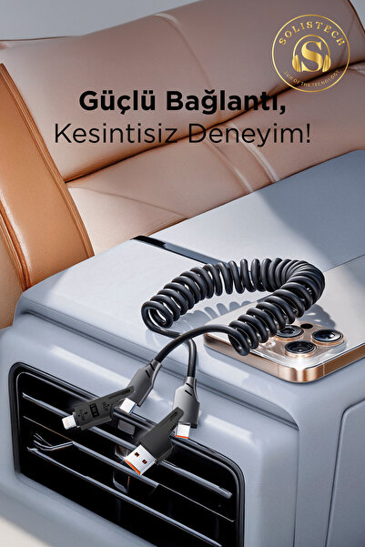 Solistech 4 in 1 Şarj Kablosu Type-C Lightning Usb-A Type-C Super Hızlı Akordiyonlu 65W Kablo 480 MBPS Kırılmaz Ergonomik Tasarım