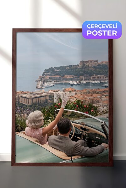 Postifull Retro Car and Cityscape Poster, Brown Framed Poster, Old Money Seri...