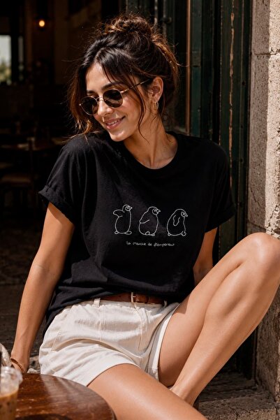 bb butik basic Penguin Embroidered Basic Women's T-Shirt – 100% Cotton Crew N...