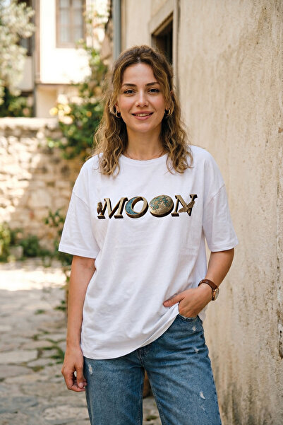 BAGAND Unisex Oversize Moon Printed White T-Shirt with Owl Detail Minimalist ...