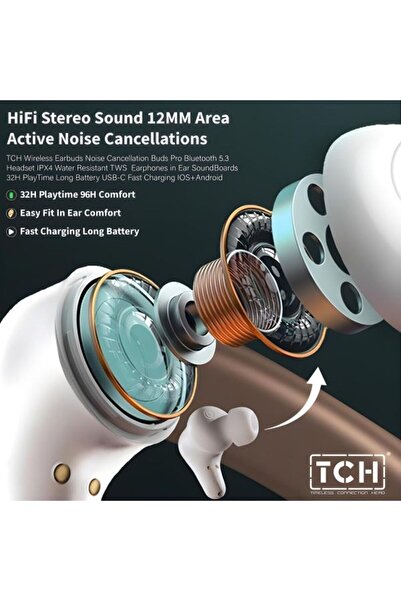 TCH Wirless Earbuds Boom Trap L30 ENC WHITE & Hifi Sound Quality Bass Surging Smart Touch &4H Calls and 6H Music Playback With Bluetooth 5.3, 480mAh Battery, Water Resistance For IOS+Andorid