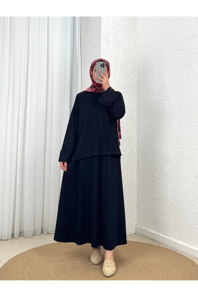 Holehola طقم تنورة أزيمي ريبانالي بفتحة جانبية - MF1892 أسود