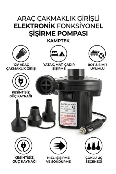 kamptek kamp teknolojisi Kamptek 12V Car Electric Inflator Pump with Cigarette Lighter Input - Mattress, Mat, Boat, and Tent Inflator Pump (3 Different Tips)