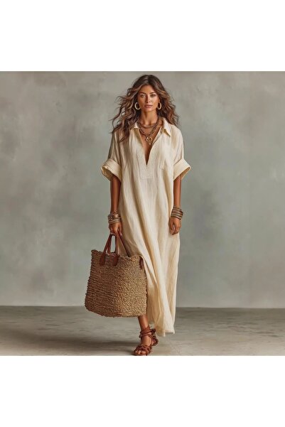 Cristina Serene Λινό μπέζ φόρεμα Boho