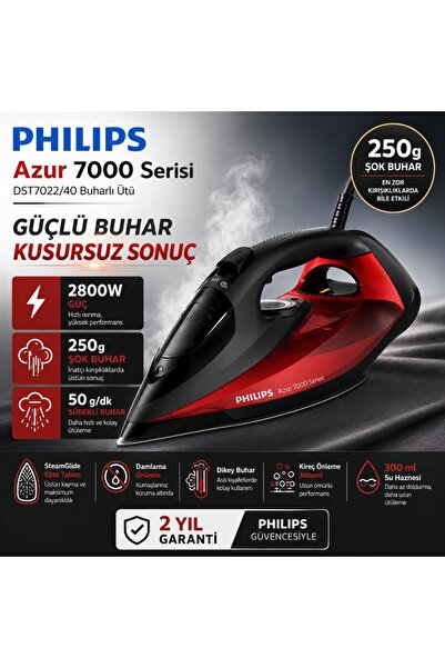 Philips DST7022/40 2800 W Buharlı Ütü 250 gr şok buhar SteamGlide Plus taban