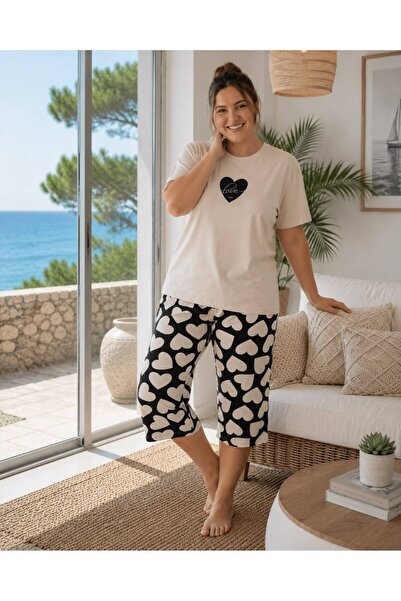 İpek Women's Short Sleeve Crew Neck Plus Size Heart Pattern 100% Cotton Capri...