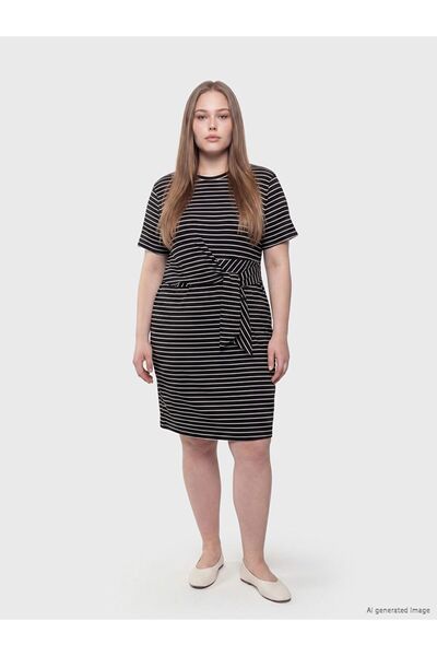LC Waikiki Soulife Black Crew Neck Tie-Up Drawstring Dress