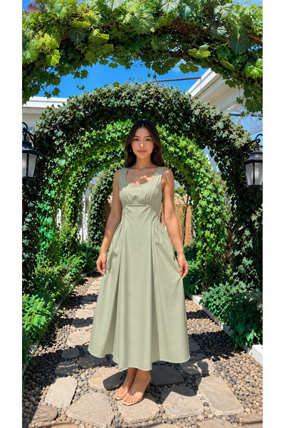 Moda Banuş Linen Water Green Strappy Lace-Up Summer Black Dress