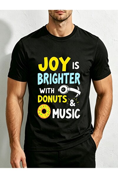 NOURAM تي شيرت رجالي أنيق، مطبوع عليه نص "Joy Is Brighter with Donuts" برسوما...