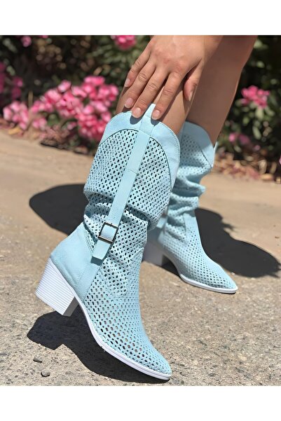 SHOEBOURNE Cizme de vară în stil western, perforate, din piele intoarsa, alba...