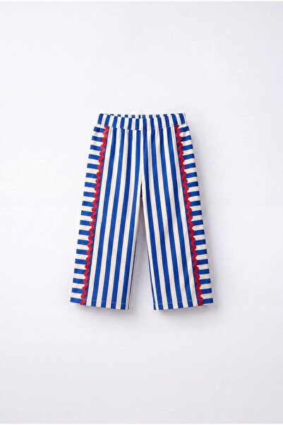 Leni Kids Girl's Blue Striped Pants with Red Stripe Detail