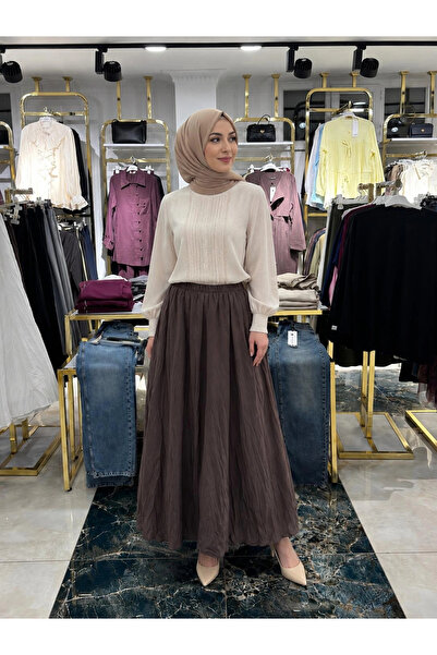 Butik Gri İçi Astarlı Beli Lastikli Kırışık Etek Modelimiz