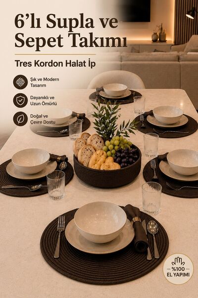risingmaber Kahverengi El Yapımı Tres Kordon 6lı Supla ve Sepet Takımı ve Ame...