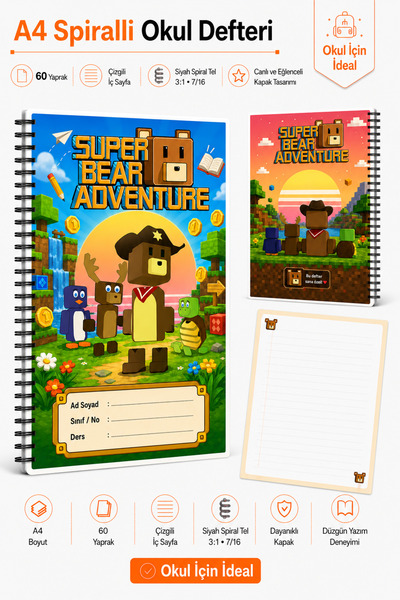 Morinna Super Bear Adventure Temalı A4 Spiralli Okul Defteri 60 Yaprak Kareli...