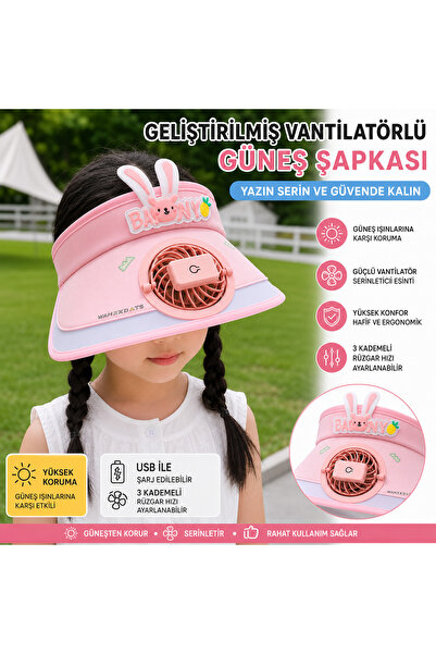 synshop Tavşan Kulaklı USB Şarjlı Çocuk Vantilatörlü Güneş Şapkası 3 Kademeli...