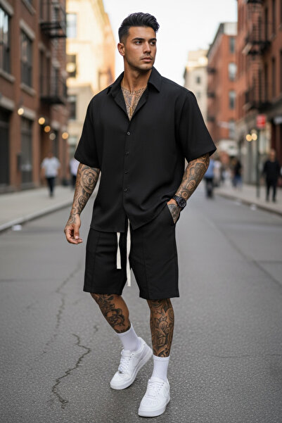 dehaine Compleu de vara pentru barbati, camasa + pantaloni scurti, trening sc...