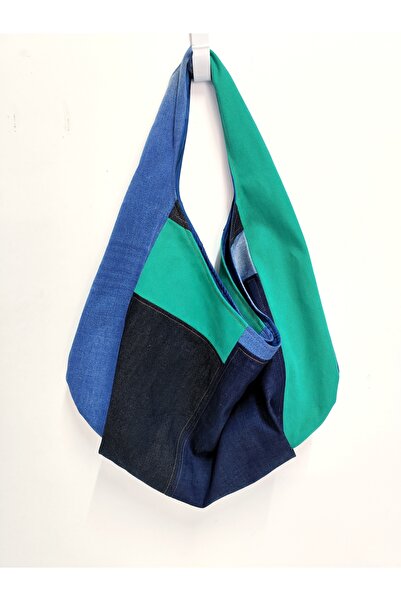 minart design Patchwork Tasarım Yeşil Lacivert Torba Model Omuz Çantası