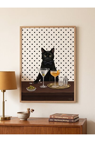 DEKORASOR Papyonlu Kedi Bar Temalı Ahşap Çerçeveli Duvar Tablosu Ev Barı Kokt...